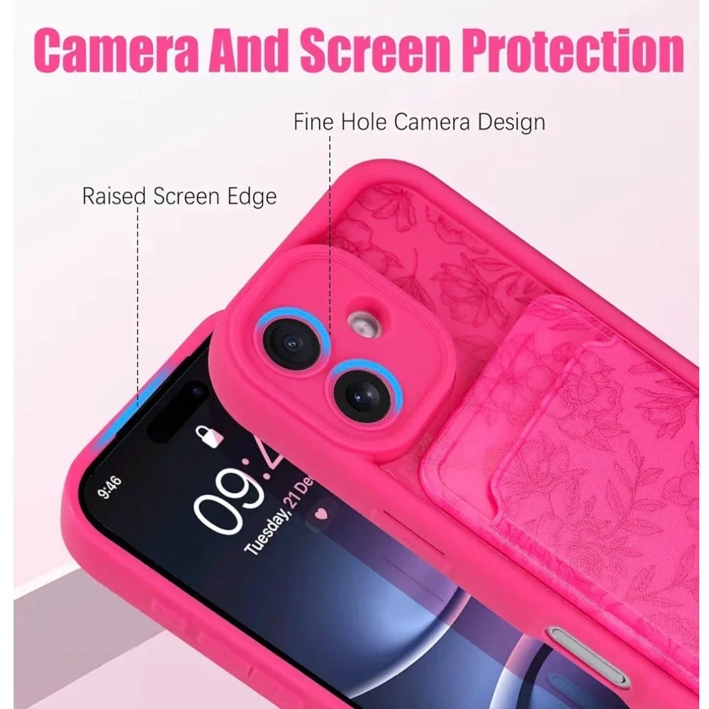 MZELQ iPhone‎ 16 Case Hot Pink Floral Embossed Wallet Card Holder TPU Cover 6.1